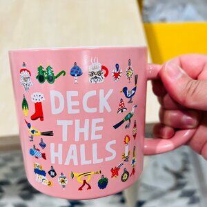 16oz Stoneware Deck the Halls Christmas Mug Illustrated by Lucy Kirk Pink New